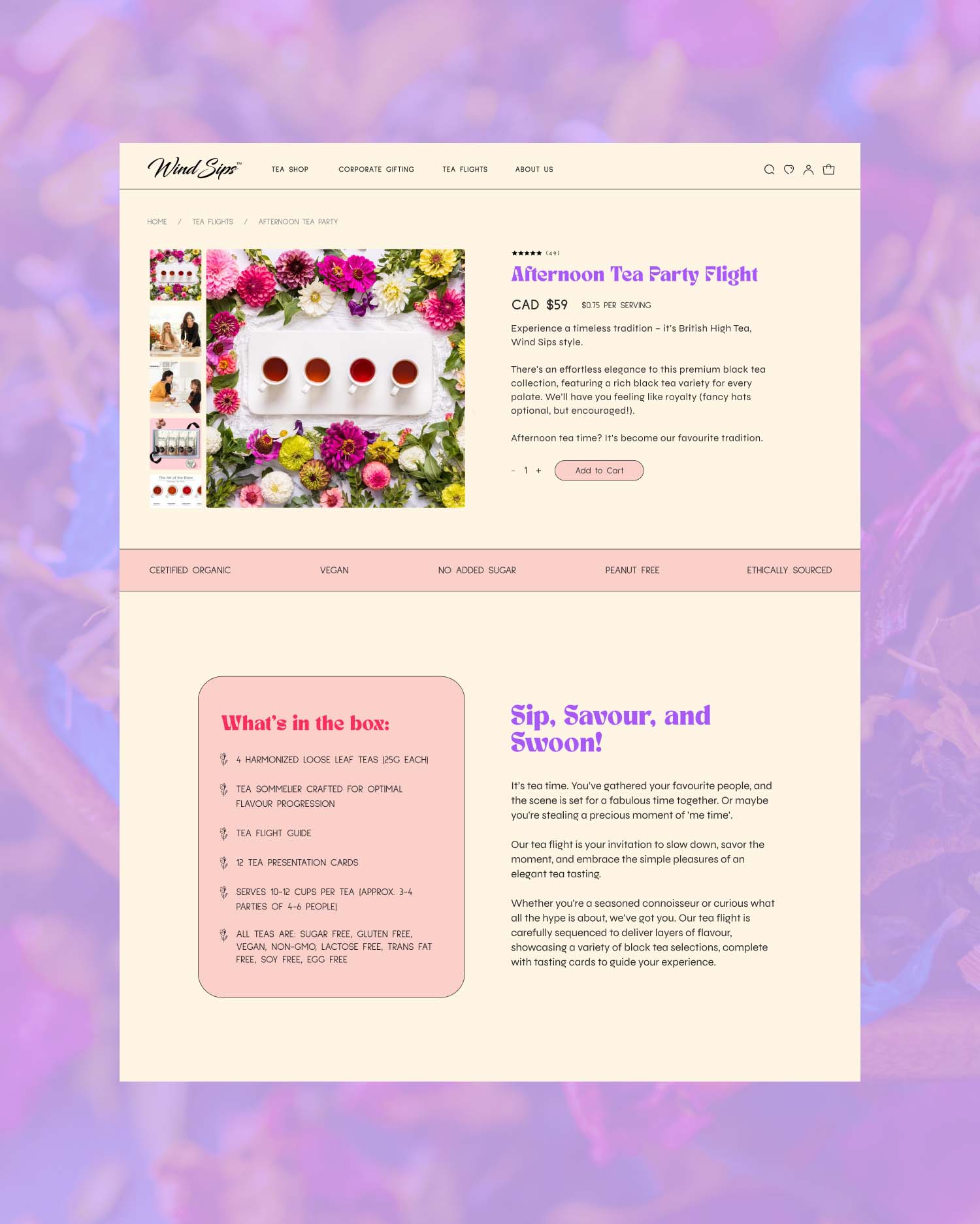 Wind Sips website design - product page for Afternoon Tea Party Flight